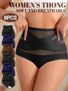 6-Pack High-Waisted Waist Trainer Women's Underwear, Breathable Mesh Cross Design Seamless Triangle Panties, Shapewear Butt Lifter, Womenswear
