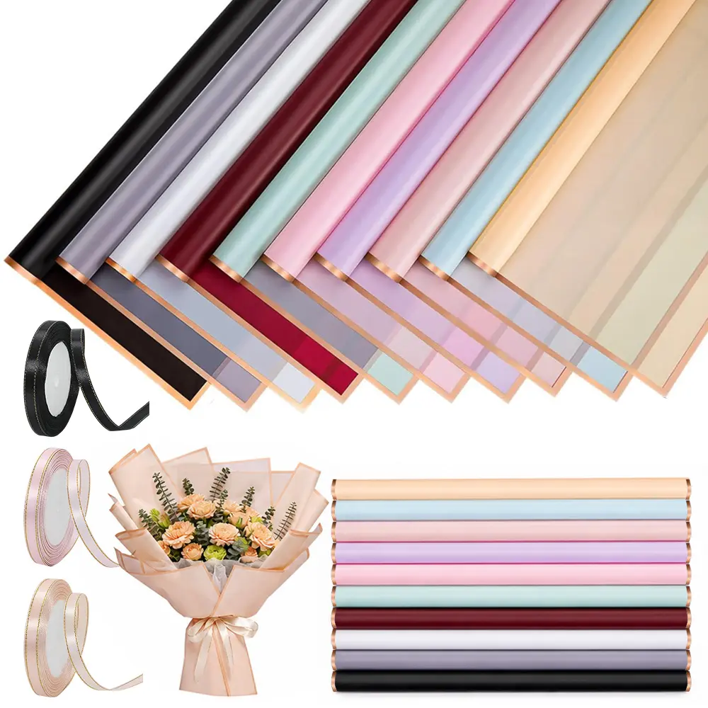 100Pcs 22.44 x 22.4 inches Flower Wrapping Paper with 3Pcs 86.61 x0.4 Inches Ribbons, Flower Bouquet Wrapping Paper for Waterproof DIY Crafts Packaging