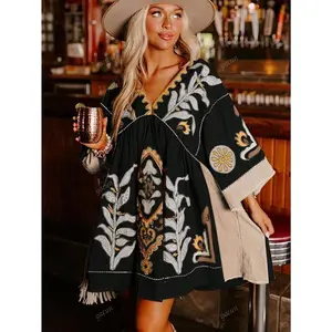 Boho-style vacation dress with floral and western prints; casual streetwear bohemian music festival beach outfits for women