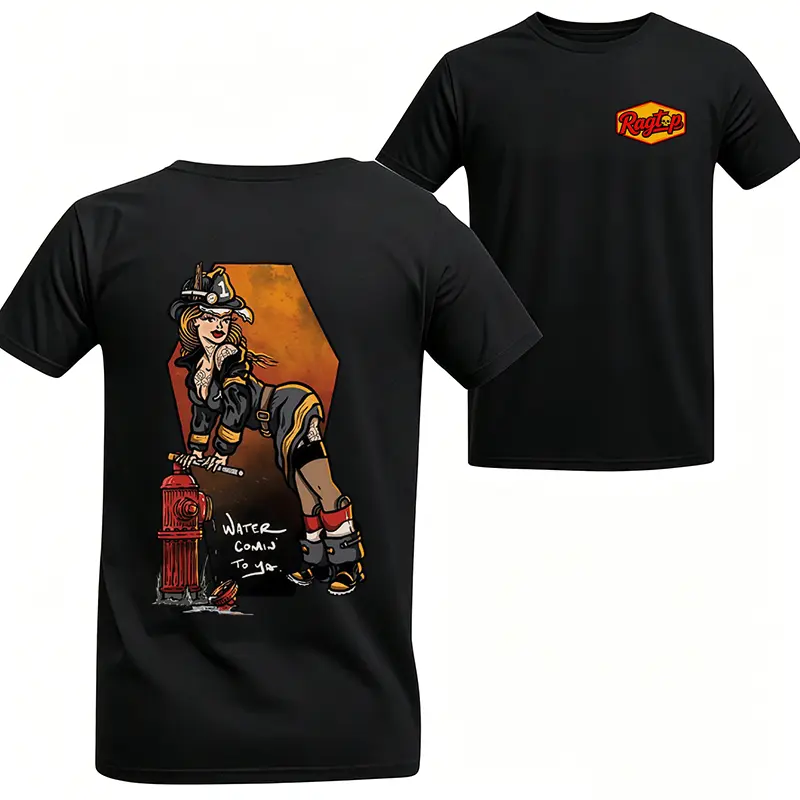 180g[100%cotton]- Firefighter Firewoman Pin-Up T-Shirt, 2-Sided Water Comin To Ya Graphic Tee, Fire Department Cotton Shirt for Fire Service Enthusiasts, Shirts for men