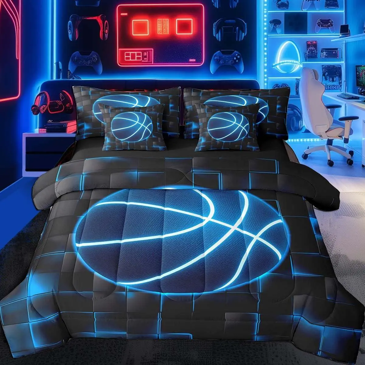 Basketball Comforter Set with Sheets 7 Piece Gaming Sports Bed in a Bag Blue and Black Bedding Set Geometric Honeycomb Bed Set Room Decor