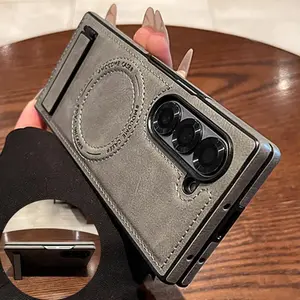For Samsung Galaxy Z Fold 6 Fold Stand Case For Samsung Z Fold 5 Magsafe Charge Cover For Galaxy ZFold 7 4 3 Retro Leather Case