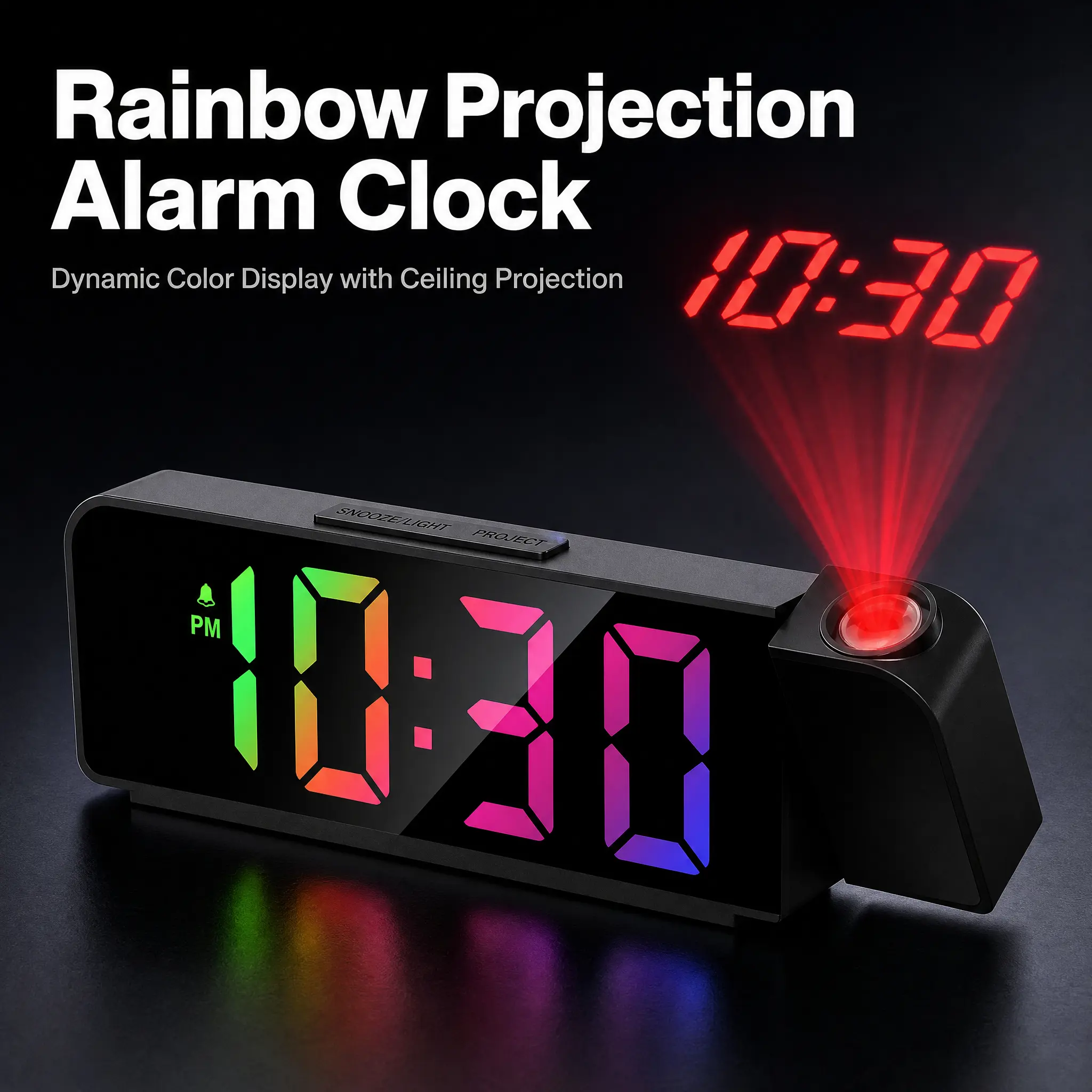7.7-Inch HD Projection Digital Smart Alarm Clock (ABS+PC Material, Plug-in Powered) for Car Decorative Lights, 180° Rotatable, Dimmable Glare-Free Sleep-Friendly Display, USB Charging Port, Custom Alarms, Temp/Day Show, Snooze, Home Bedroom Desk Decor