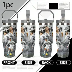 1pc 30oz Insulated Stainless Steel Tumbler, Leak-Proof Portable Travel & Fitness Mug with Cristiano Ronaldo Themed Painting Design & Straw, Ideal Sports Drinkware for Outdoor Activities, Playful Design with Leakproof Lid, Suitable for Outdoor Camping