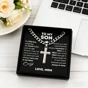To My Son Stainless Steels Cross Pendant Cuban Chain Necklace With Inspirational Card Gifts Birthday Gift from Mom with Elegant Card and Gift Box Packaging
