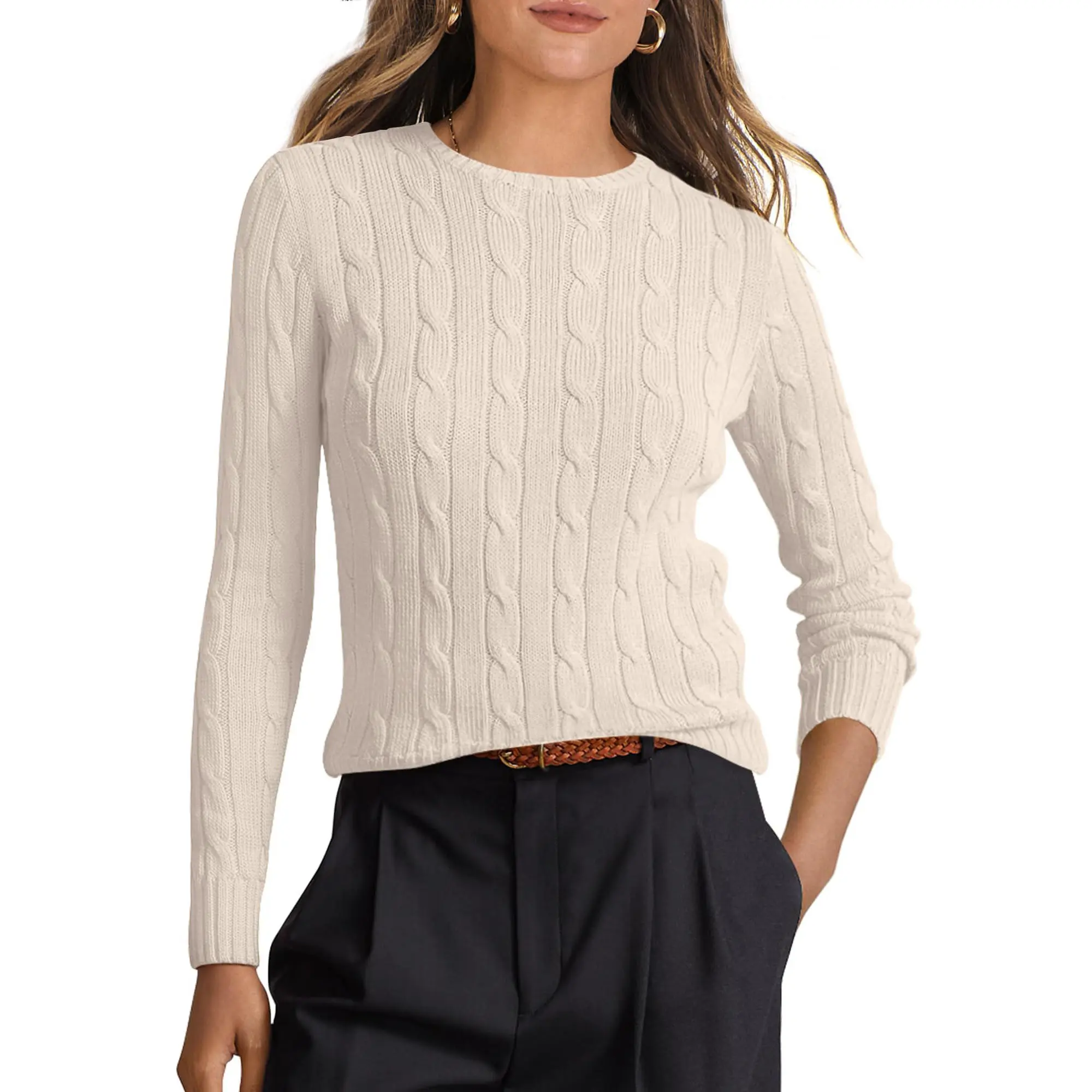 ANRABESS Women Long Sleeve Crewneck Cable Knit Sweater Jumper Pullover Top Cute Ladies Dressy Casual 2026 Fall Trendy Outfits Cable Knitted Casual Fashion Knitwear