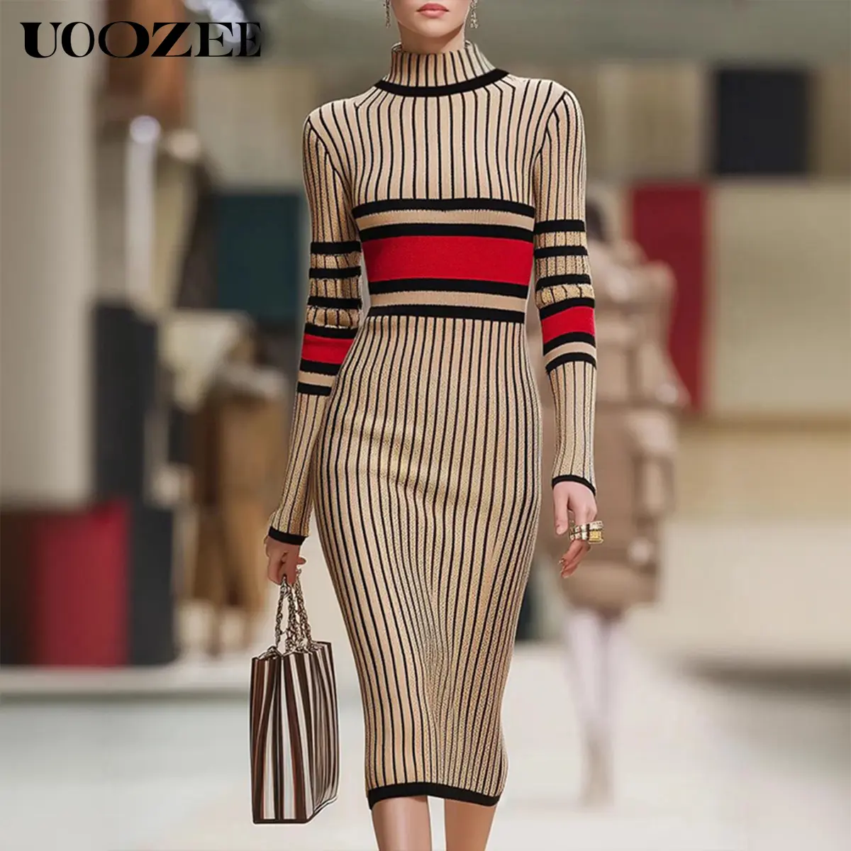 UOOZEE Women's Bodycon Dress, Elegant Colorblock High Neck Long Sleeve Thick Skinny Knit Midi with Contrast Binding, Comfortable, Longsleeves, Turtleneck