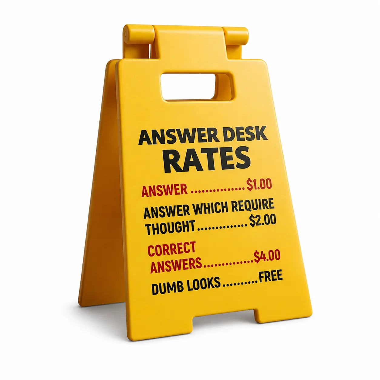 Funny Office A-Frame Sign “Answer Desk Rates” – Humorous Work Desk Decor Plaque, Meme Business Price List Prop, Viral Office Gag Gift