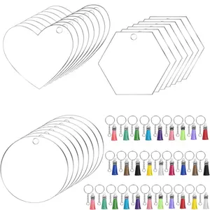 Acrylic Blanks Keychains for Ornament, 120 PCS Acrylic Keychains Set 30 PCS Clear Blanks, Tassels, Key Chain, Jump Rings for Vinyl Crafting DIY Holiday Decoration (Hexagon, Circle, Heart Shape)
