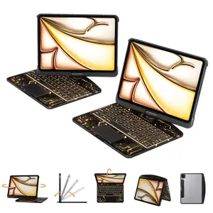 360° Rotating iPadCase  with Keyboard For(M3/M2, 2025/2024) & Air 5/4 Gen, 360° Rotating Multi-Touch Trackpad, 7-Color Backlit Keyboard,Transparent Back, Pencil Holder, Type-C Chargin