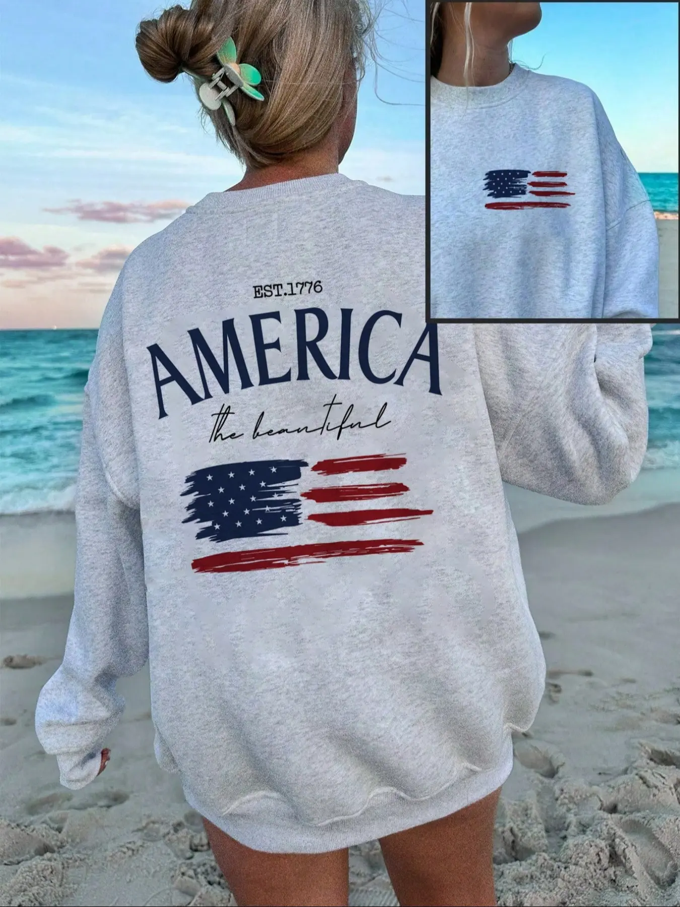 Women's Casual American Flag Print Oversized Baggy Pullover, Sweatshirt for Autumn & Winter, Long Sleeve Round Neck Top, Everyday Homewear