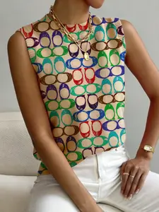 Women's Geometric Pattern Colorblock Sweater, Casual Sleeveless Fitted Knit Top, Comfortable Warm Clothing Womenswear for Spring Summer Fall