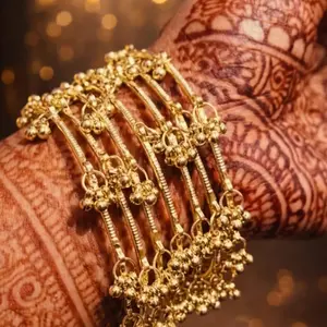 Kashmiri Ghungroo Bangles Set: Gold Tone Traditional Indian Bridal Jewelry pack of 8