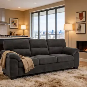 3-Seater Sofa, Camel Upholstered Couch, Modern Living Room Furniture, Textured Fabric Sofa, Minimalist Settee, Comfortable Armchair, Sturdy Frame Sofa (Dark Gray)