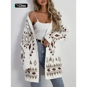 Women's Geometric Print Drop Shoulder Cardigan, Casual Long Sleeve Open Front Knitwear for Fall & Winter, Fashion Ladies' Knit Clothing for Daily Wear