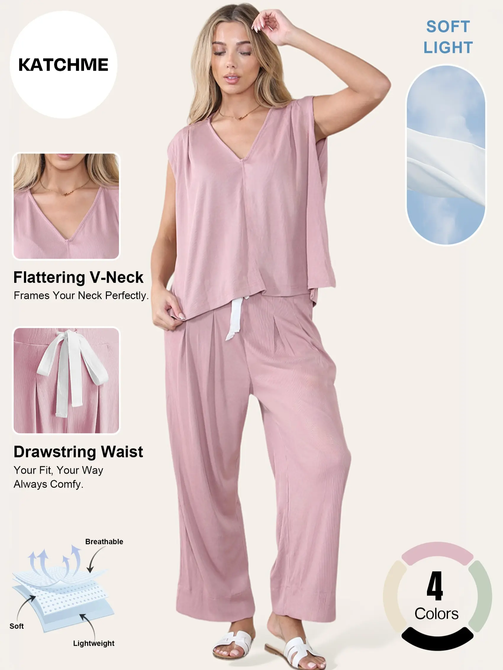 Katch Me Chic Women's Minimalist V Neck Sleeveless Oversize Top & Elastic Waist Drawstring Wide Leg Trousers Co-ord,Basic Two Piece Outfits,Plain Womenswear