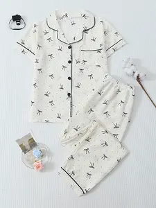 New Bow Dot Bubble Cotton Set, Comfortable Soft Short Sleeve Top, Long Sleeve Pants Pajama Sleepwear, Casual Floral Pattern, All Seasons