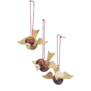 212 MAIN Christian Ulbricht Wooden Hanging Decoration - Natural Wood, Bird Motif, Easter Theme Festive Ornament with Birds on Strings, Hanging Type