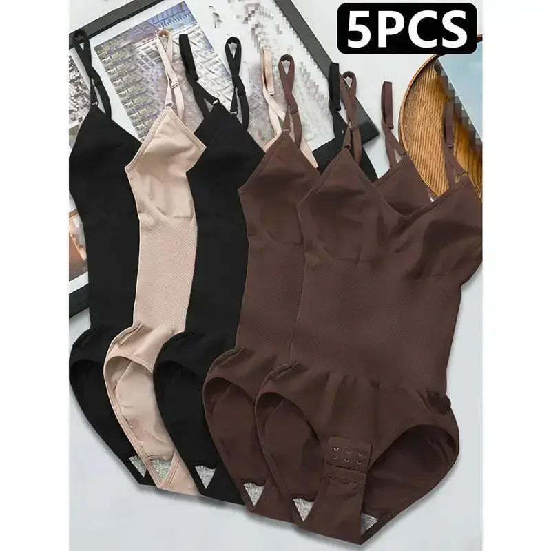 5pcs Women's Seamless Shapewear Bodysuit with Abdominal Compression & Hip Lifting - Tummy Control, No Padding, Stretchy Nylon-Spandex Blend, Black/Brown/White/Beige/Navy Blue, Perfect for Travel & Casual Attire, Comfort Undergarment |         Closefitting