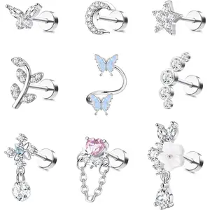 YADOCA 16 Gauge Cartilage Earrings Helix Earrings for Women Stainless Steel Helix Piercing Jewelry Leaf Butterfly CZ Studs Flat Back Cartilage Earrings Set 9Pcs