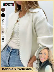 【Susan's Exclusive】Women's Plain Long Sleeve Knit Cardigan, Loose-Fitting Casual Fall & Winter Sweater, Knitwear, Beaded Edge Design, Simple Style