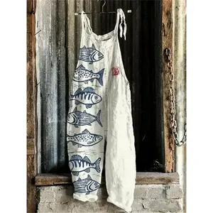 Women's Casual Fish Print Overalls - Adjustable Tie-Shoulder Jumpsuit with Pockets, White Polyester Blend, 2pieceset Lace Knit