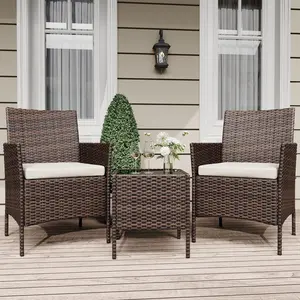 3 Pieces Patio Furniture Set, Rattan Outdoor Furniture with 2 Upholstered Chairs and Coffee Table, Conversation Bistro Set for Garden, Backyard, Porch, Brown/Beige