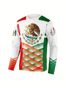 Men's Mexican Style Casual Long Sleeve Sun Protection Jacket, Round Neck Polyester Sports Top, Medium Stretch Geometric Knit Fabric, Outdoor