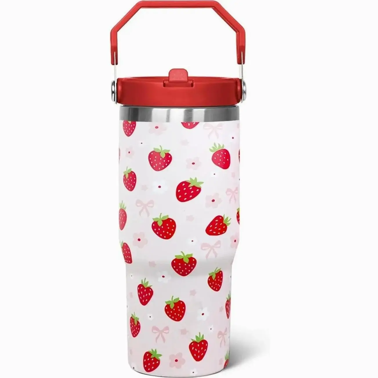 30oz Reusable Transparent Printed Strawberry Glass Flip Tumbler - Portable Kitchen Drinkware Water Bottle Mug with Handle, Lid, Straw, Floral Decor for Beverage, Holiday, Birthday Party Gift (For Women)