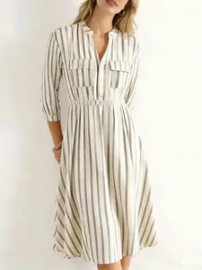 A women's vertical striped waist shirt dress, light and mature commuter style pocket decoration mid-length skirt, Casual Classy Dress, suitable for daily commuting, light social gatherings, weekend outing, spring and autumn dates, Casual Dresses