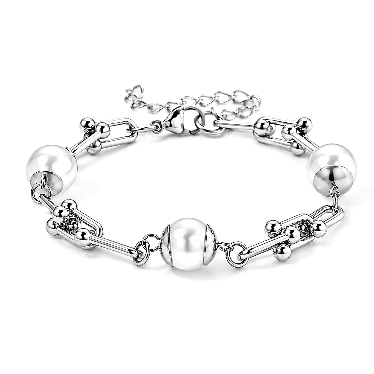 White Shell Pearl Bracelet in Stainless Steel (7.5-9.5In)