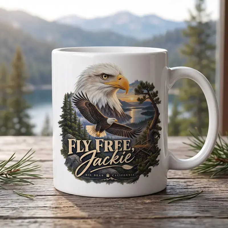 Fly Free Jackie Mug | Bald Eagle Coffee Cup | Memorial Gift | Big Bear California Mug | Eagle Lover Gift