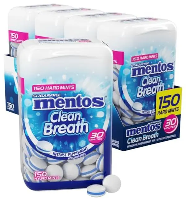 Mentos Clean Breath Hard Mints, Peppermint, 150 Piece Bottle (4 Pack)