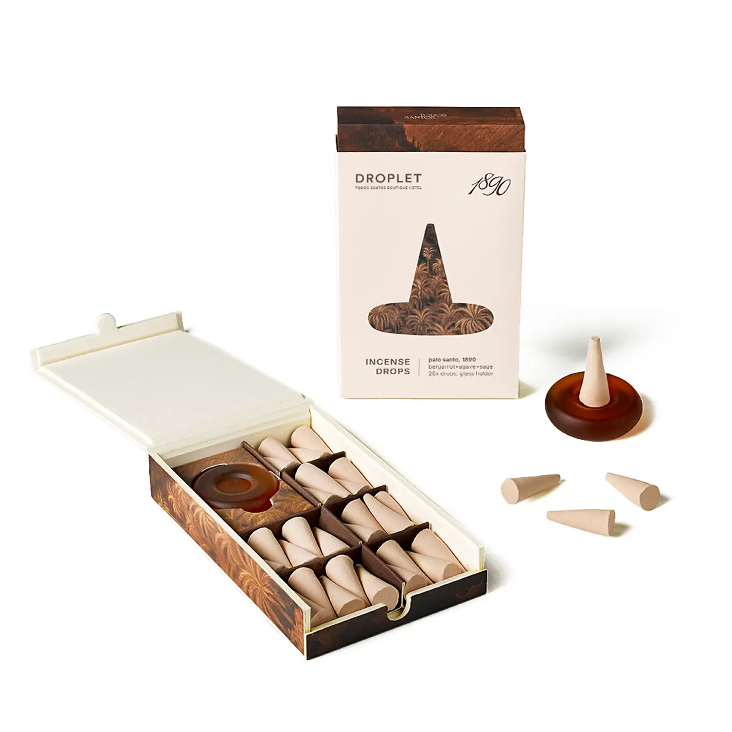 Palo Santo, 1890 Incense Cones. 26 Hand-Rolled Incense Droplets + Sea Glass Holder, Palo Santo, Bergamot, Agave & Sage, Low Smoke Woody Home Fragrance