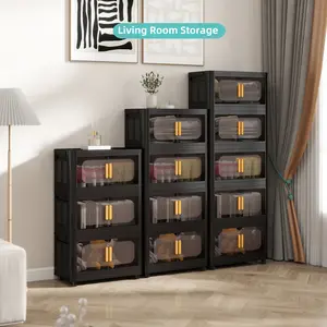 Black, 20"-24" Side Wide Folding Storage Cabinet ,3/4/5 Tiers,Collapsible Storage Bins with Magnetic Door, Plastic Storage Cabinet with Wheels