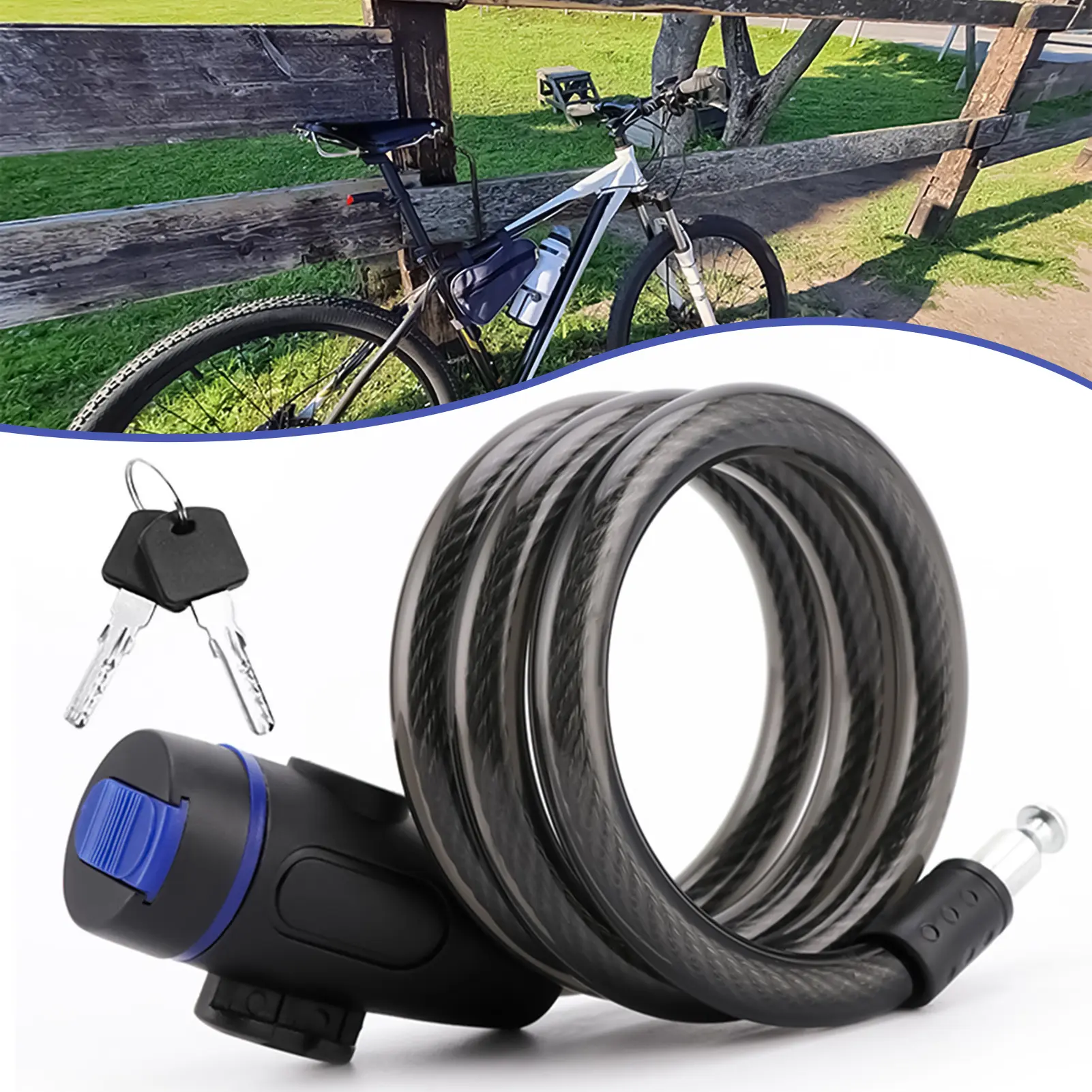 Bike Lock Cable with Key, 35.43in Anti-Theft Steel Wire Lock for Bicycle, Mountain Bike, e-Bike, Scooter. Lightweight & Portable for Outdoor, Commuting, Gym, College Campus Use. Easy to Carry & Secure.