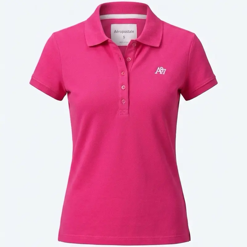 This  Aeropostale Women's A87 Polo Shirt is a vibrant Hot Fuchsia purple pique top featuring a white embroidered logo on the chest.