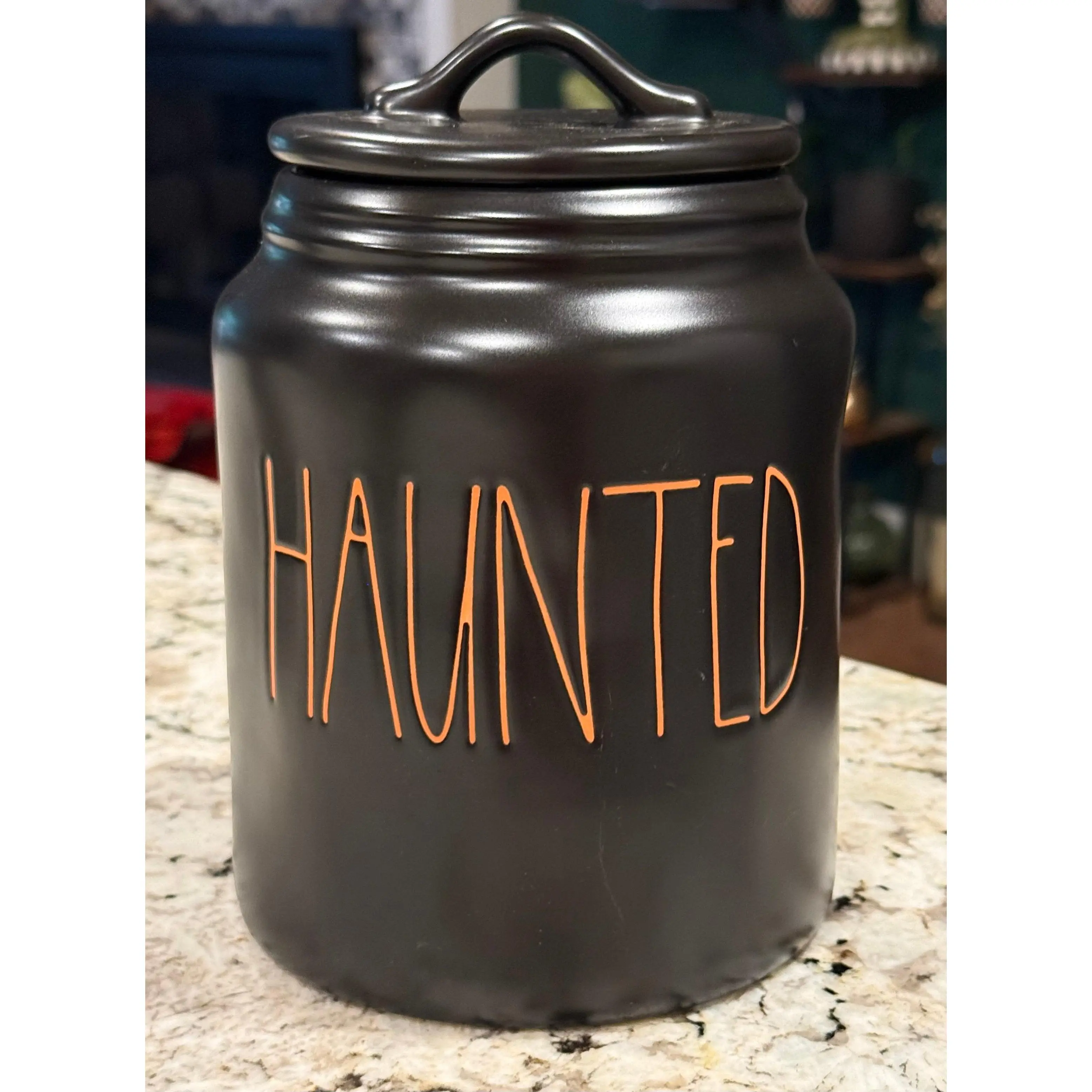 New Rae Dunn black ceramic Halloween decor canister 8” HAUNTED