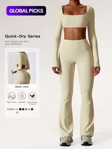 Women's Solid Square Neck Crop Top & High Waist Flare Leg Pants Set, Ruched Sports Flare, Sporty Comfy Breathable Long Sleeve Top & Bell Bottom Trousers Two/Four-piece Outfits for Yoga Workout, Ladies' Clothes for All Seasons, Gym Wear, Sweatsuit Set