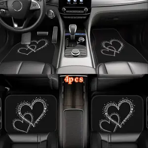 4-Piece love pattern car carpet, polyester all-weather non-slip carpet, suitable for cars, SUVs, trucks, compatible with GM, front and rear, easy to install,