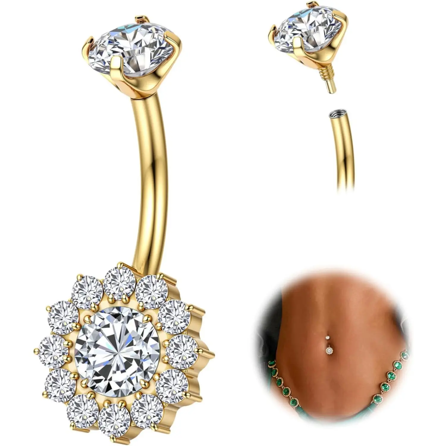 14G Titanium Belly Button Rings for Women Gold Silver Belly Rings Halo Internally Threaded Belly Ring Flower Opal 10mm AAAAAA Cubic Zirconia Navel Body Belly Piercing