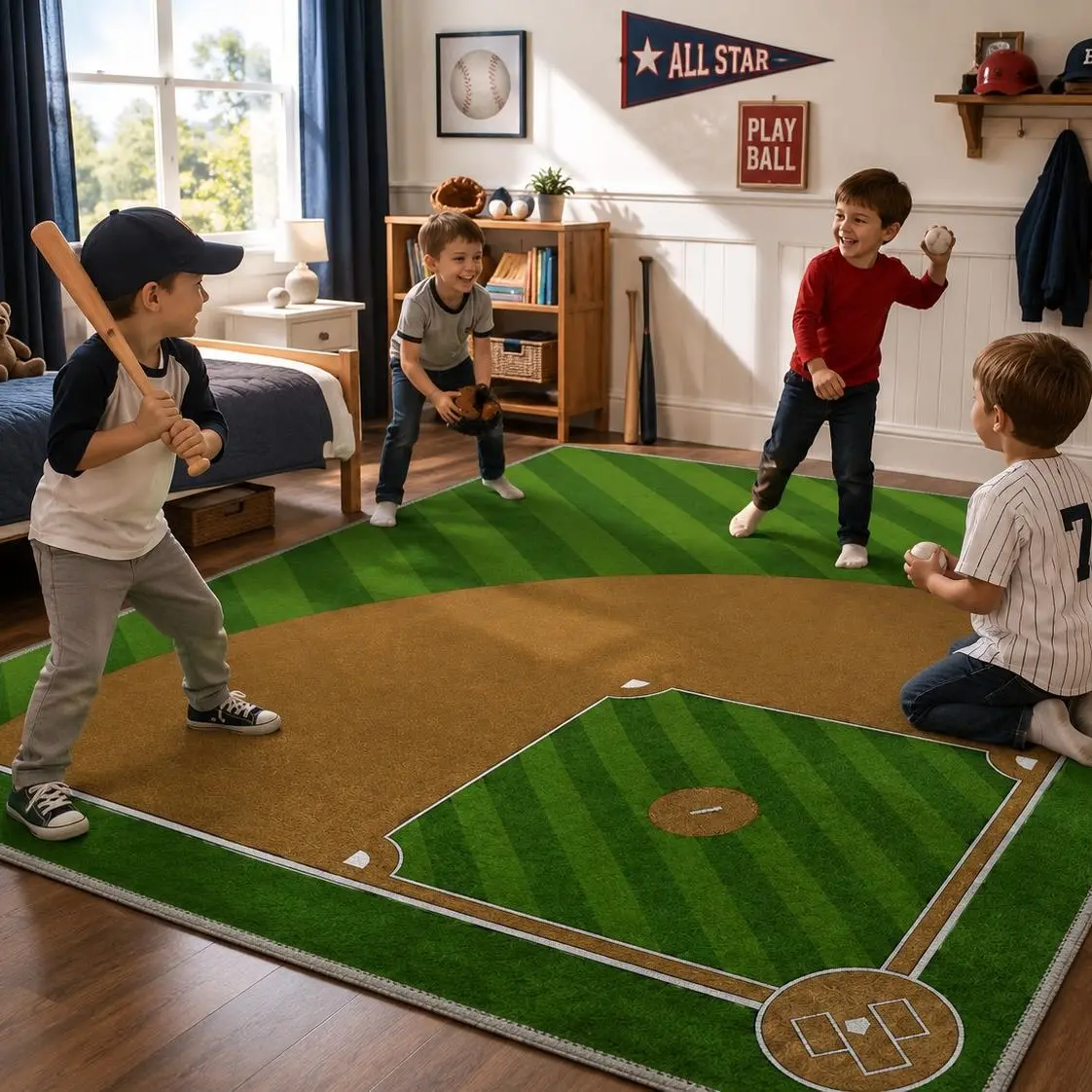 GENIMO Baseball Field Area Rug, Sports-Themed Kids Rug, Soft Non-Slip Washable Carpet for Boys Bedroom, Playroom, Nursery, Game Room Decor