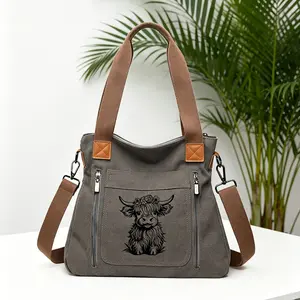 Scottish Highland Cow Print Tote Bag, Multi-Layer Large Capacity Shoulder Bag, Adjustable Durable Strap, Unisex, Casual Style, Crossbody Tote Bag