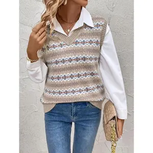 Women's Geometric Pattern V Neck Sweater Vest, Casual Sleeveless Jumper Vest for Fall & Winter, Fashion Ladies' Knitwear for Daily Wear