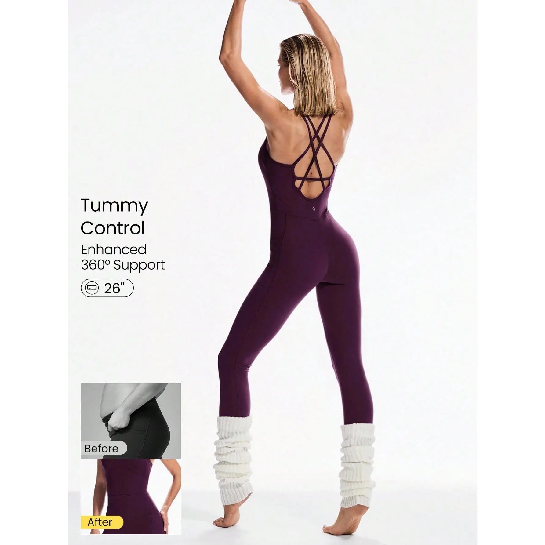 GLOWMODE 26" FeatherFit™ Strap It Good Tummy Control Crisscross Strap Open Back Movement Romper Bodysuit Light Support Low Impact