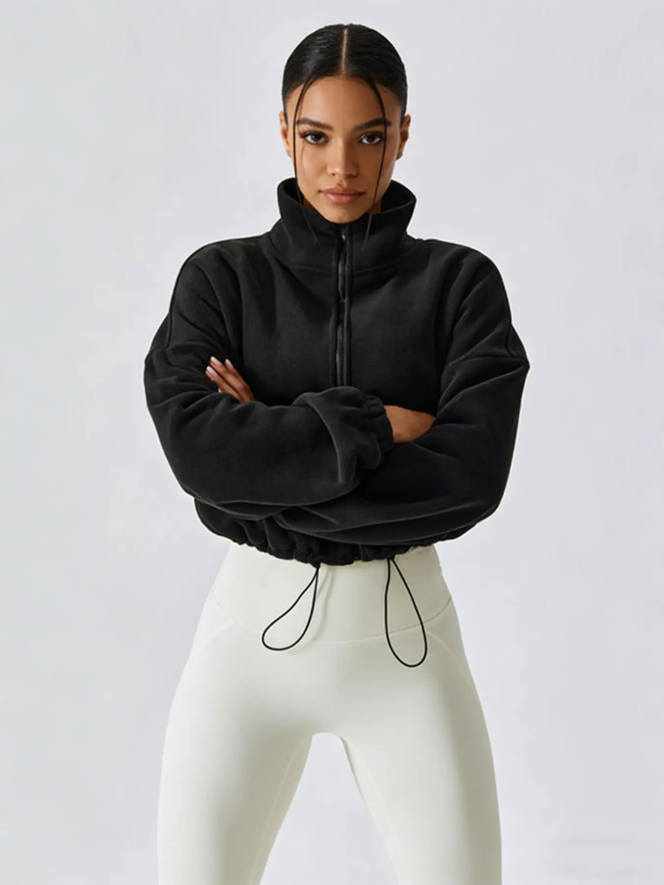 Women's New Year Cross-Border Fall Winter Fashion Loose High-Neck Zipper Drawstring Hem Short Plush Sportswear Coat Zip Front Jacket