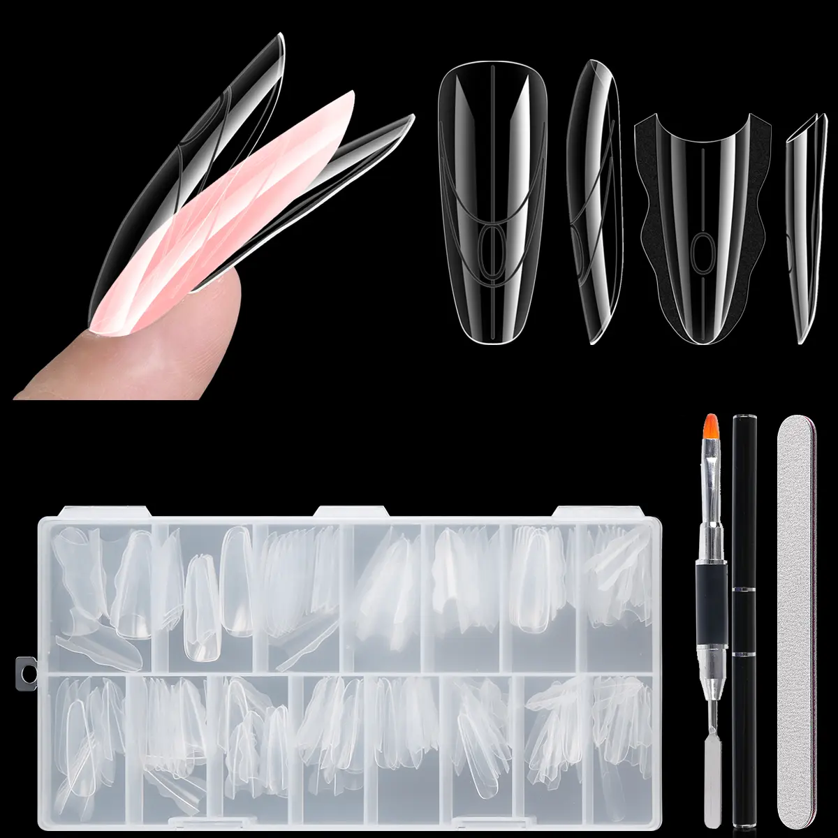 Sandwich Dual Nail Forms for Builder Gel, 180PCS Almond Nail Forms with Brush Pen File Polygel Extension Tools Kit Top & Bottom Dual Form System Guide Lines Tips Professional Manicure Supplies