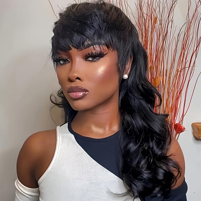 Pixie Cut Wig with Long Deep Wave Synthetic Hair and Bangs, Beginner-Friendly Mullet Style Wig