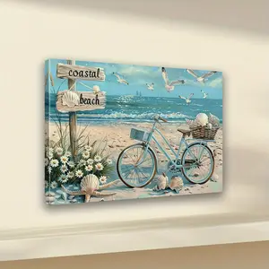2D Flat, 2D Flat, A Wooden Frame Canvas Painting - Beach Ocean Shell Coastal Bicycle Artwork for Bedroom Decoration
