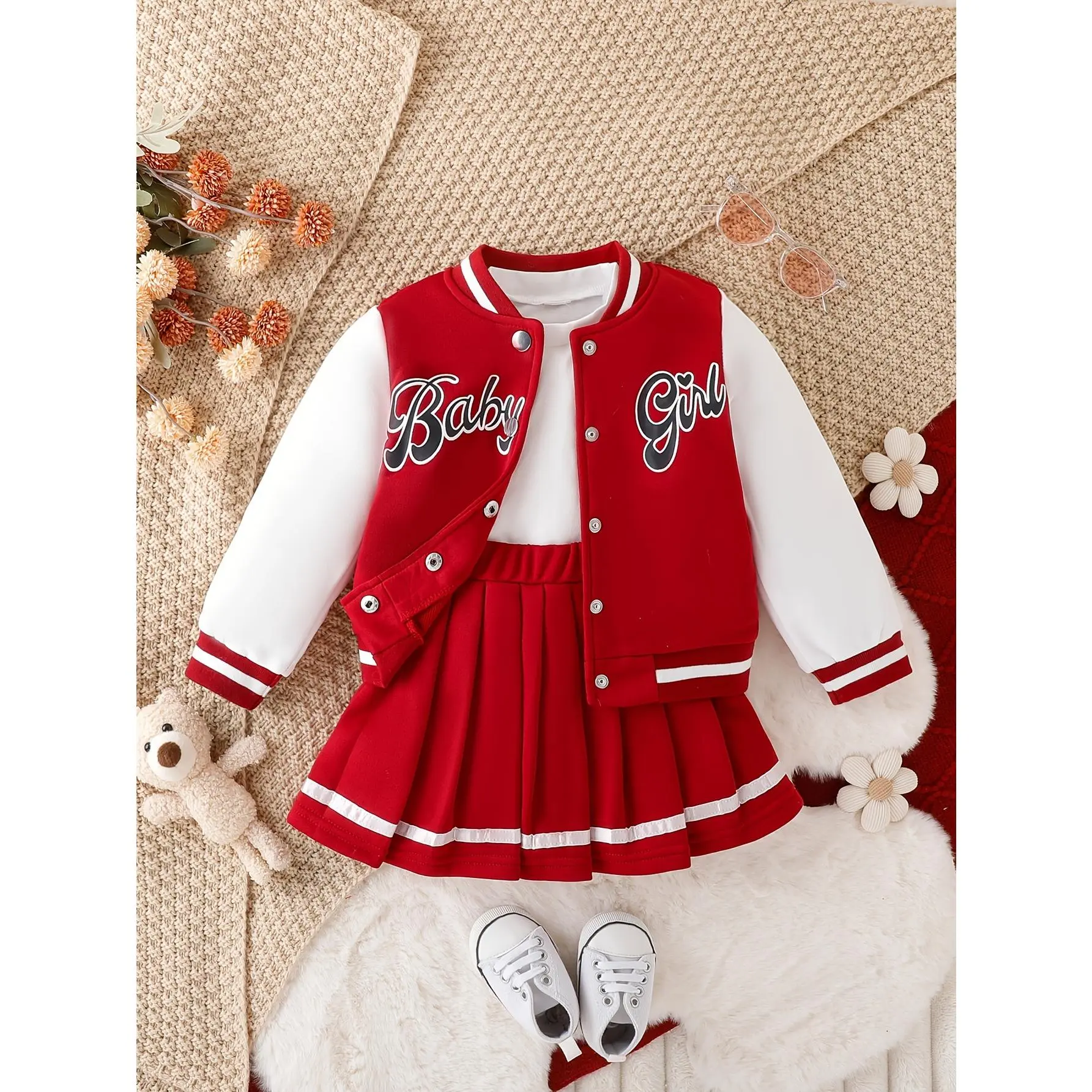 Preppy Style Girls 2pcs BABY GIRL Print Baseball Jacket + Pleated Skirt Outdoor Set For Party Sports Gift